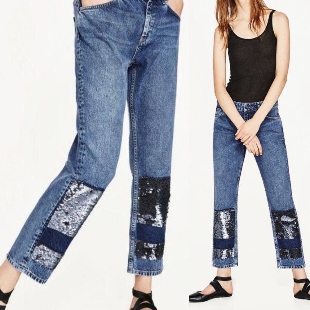 Zara Mid Rise Sequin Patch Boyfriend Jeans Cropped Patchwork Size 4 NEW